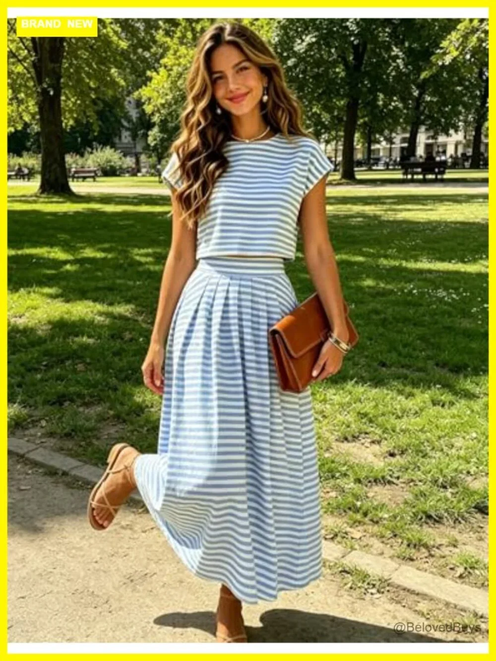 Striped 2 Piece Outfit Cap Sleeve Crop Top Midi Skirt Set Travel Matching